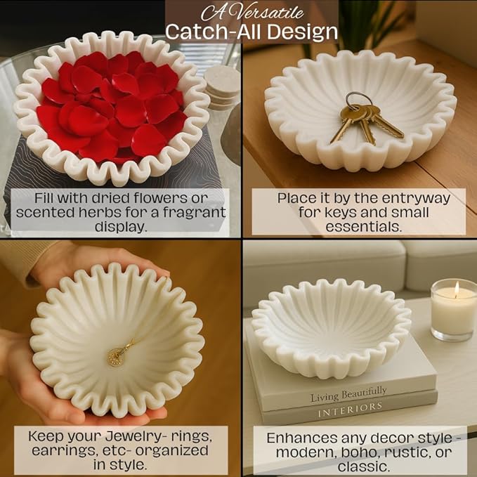 SWADESHI BLESSINGS HandCrafted Marble Ruffle Bowl/Antique Scallop Bowl/Fruit Bowl/Vintage Ring Dish/Decorative Flower Dish/HouseWarming Gift/Wedding Gifts/Urli (9 Inches)