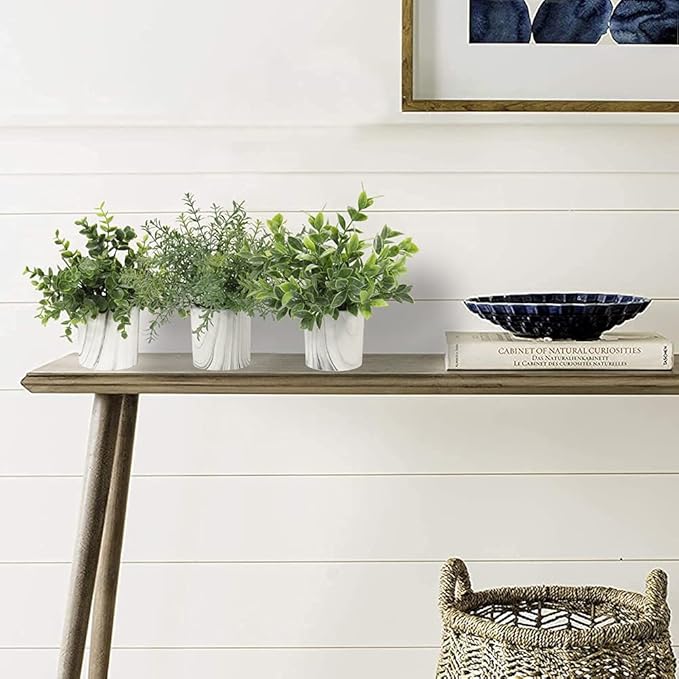 Hollyone Mini Artificial Potted Plants Fake Plants in Marble Pots, 1Pcs Plastic Eucalyptus Greenery Faux Plants for Home Office Desk Room Centerpiece Shelf Décor