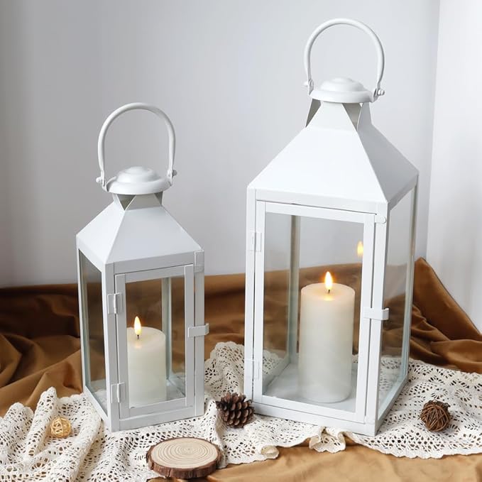 JHY DESIGN Set of 2 Cream Decorative Lanterns 17.5inch&13.5inch Metal Candle Lanterns for Indoor Outdoor Events Paritie and Weddings Vintage Style Hanging Lantern