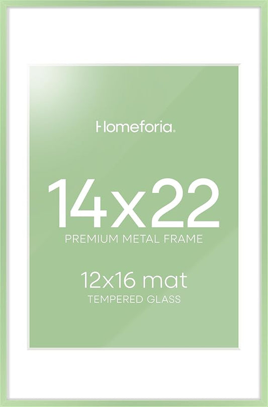 Homeforia 14x22 Picture Frame Sage Green, High End Metal 14x22 Poster Frames with Mat 12x16 inch Photo, 14 x 22 Sage Green Frame Matted to 12 by 16 Art, 22x14 Frame, Tempered Glass, Wall Kit, Set of 1