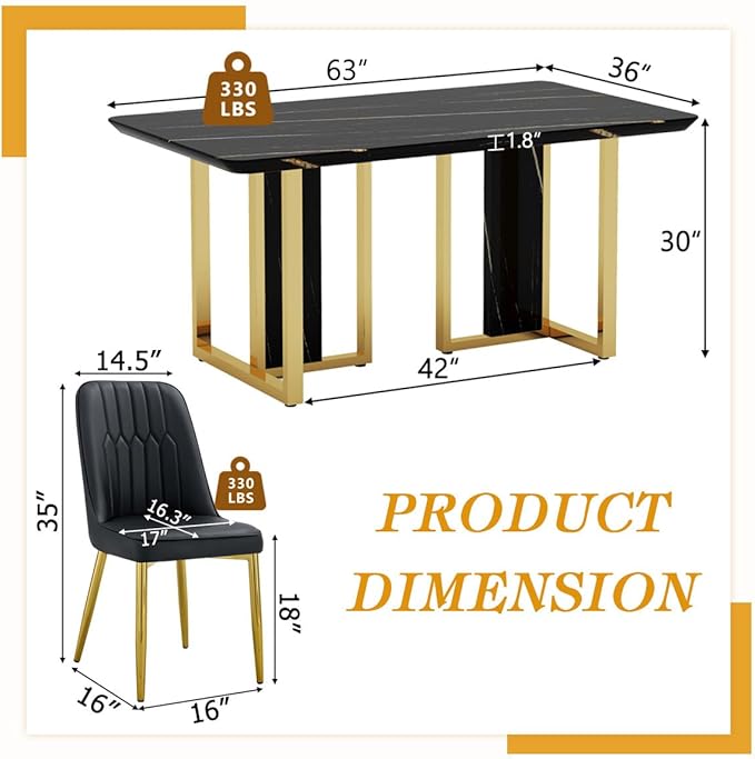 TesNus 63" Black Dining Table Set for 4 with Chairs,Modern Faux Marble Rectangular Kitchen Table and Chairs Set Luxury 5 Piece Dining Room Set with Gold Metal Legs,Easy Assemble,Stable Base