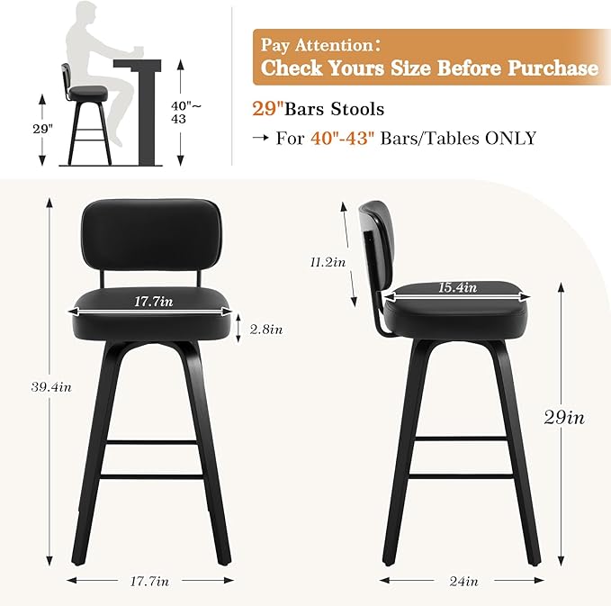 Swivel Bar Height Stools Set of 4, Upholstered Faux Leather Barstools with Back, 29" Seat Height Tall Bar Stools for Kitchen Counter, Black Wood Frame, Black