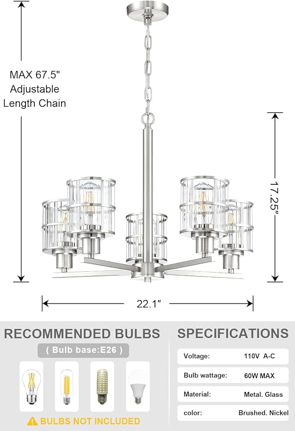5 Light Modern Industrial Glass with Brushed Nickel Finish,Metal Cage Lighting Fixture and Decoration for Living Room Bedroom Kitchen Farmhouse(UL Certification)