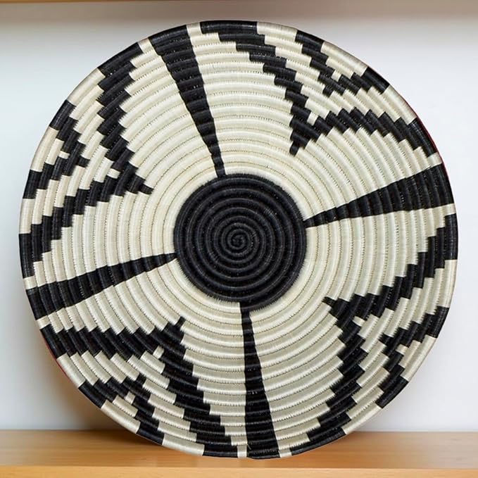 Handwoven African Basket Handmade sisal Fruit Bowl Wall Hanging decorative Baskets for Home Living Room Kitchen Centerpiece Zen Designs Arts and Crafts (Black Natural Floral, 8in diameter)