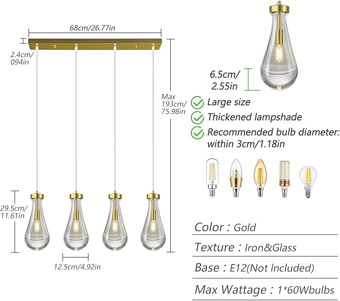 Raindrop Pendant Lights Kitchen Island Teardrop Gold Hanging Light Fixtures Clear Solid Glass Pendant Light Modern Chandeliers for Dining Room Porch Corridor Living Room(Long Plate-4 Lights)