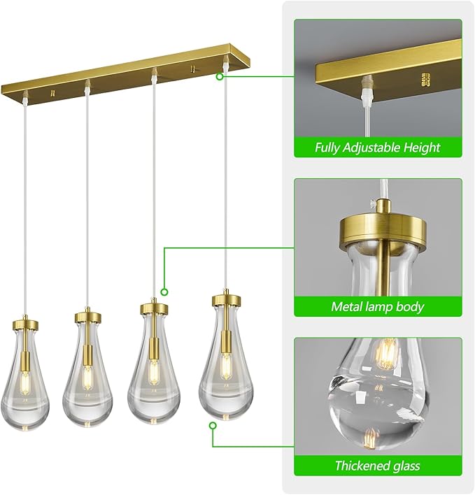 Raindrop Pendant Lights Kitchen Island Teardrop Gold Hanging Light Fixtures Clear Solid Glass Pendant Light Modern Chandeliers for Dining Room Porch Corridor Living Room(Long Plate-4 Lights)