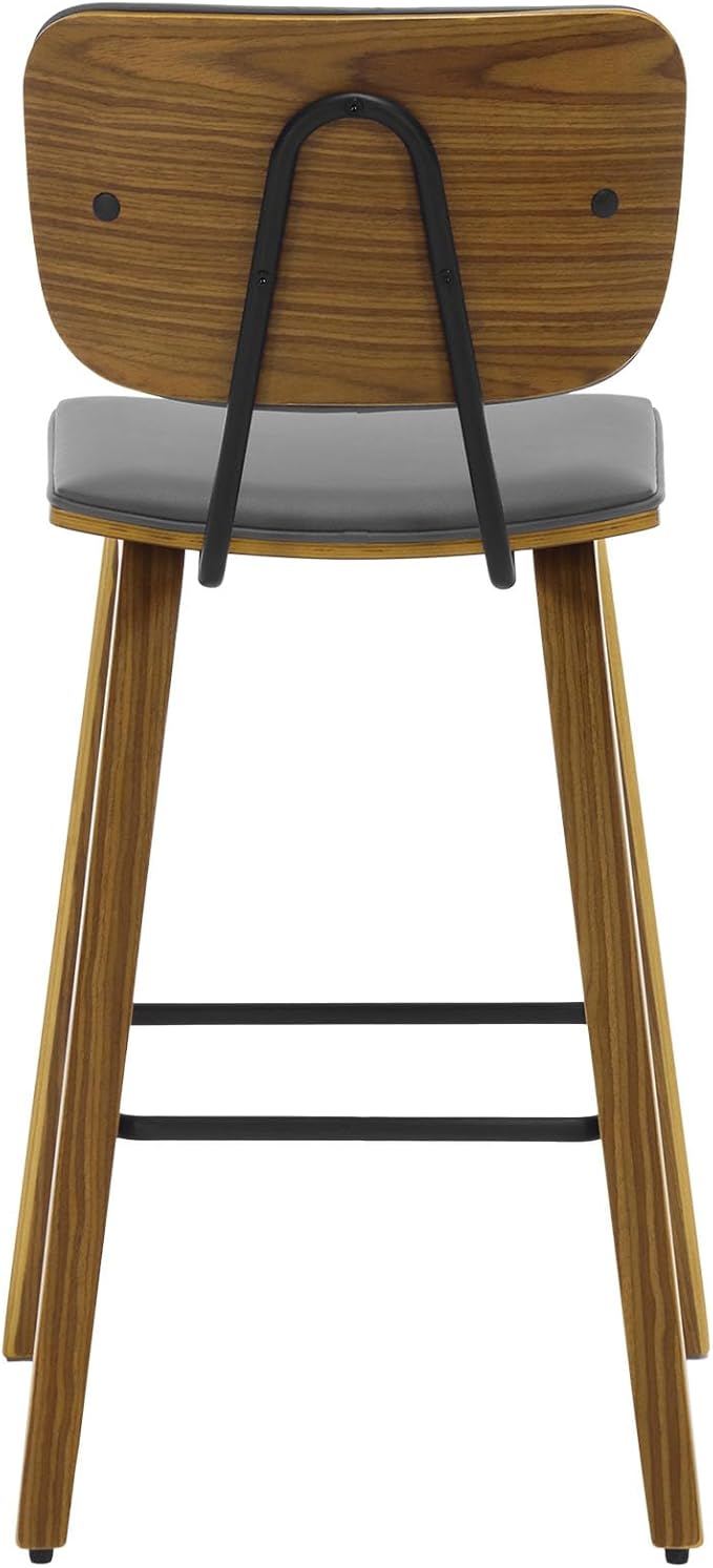 Counter Height Bar Stools, PU Leather Upholstered Barstools with Backs, Bent Wood Legs, 26 Inch Seat Height, Mid Century Modern Counter Stools for Kitchen Island, Grey