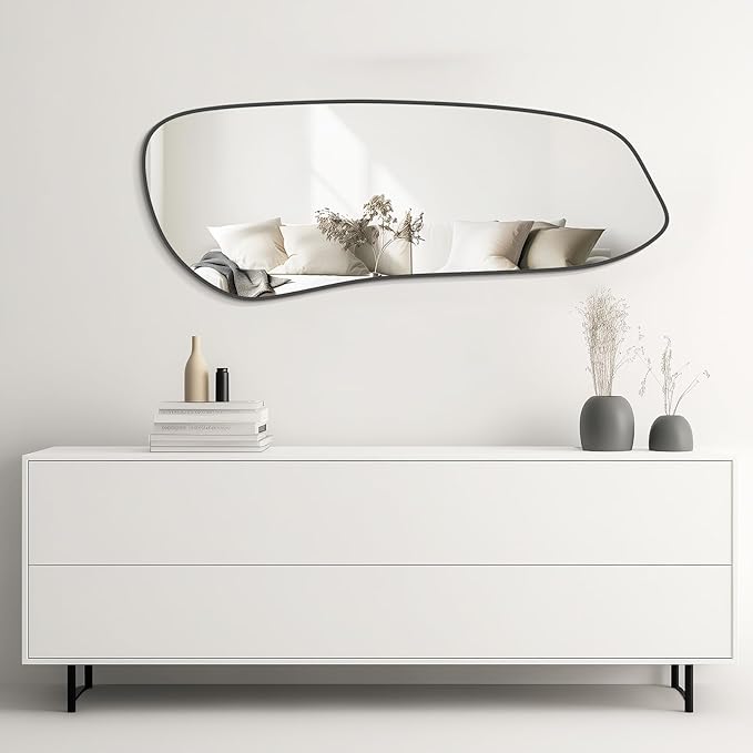 WallBeyond Irregular Wall Mirror, Asymmetrical Mirror Wall Mounted with Black Framed for Living Room, Bathroom, Bedroom, Entryway Wall Decor, 46"×18", Black