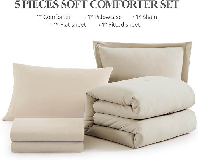 WRENSONGE Twin Comforter Set- 5 Pieces Light Oatmeal Twin Bed in a Bag, All Season Twin XL Bedding Sets with 1 Fitted Sheet, 1 Flat Sheet, 1 Pillow Sham and 1 Pillowcase