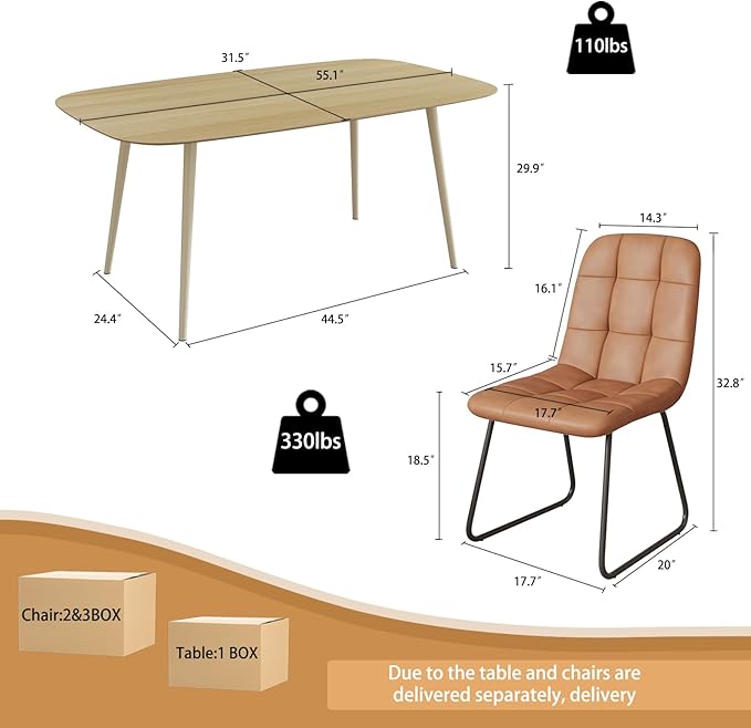 55.1'' Dining Table Set for 4,Modern Wood Dining Table,Leather Dining Chairs 4,Table and Chairs Set of 4,Ideal for Kitchen Dining Room (Cat Scratch Table + 4 U-Shaped Brown Chairs, 55.1")
