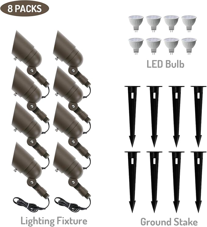 4W LED Landscape Lighting Landscape Lights Spotlights GL103-BZLED8 AC/DC 12V Low Voltage Warm White Waterproof for Driveway,Yard, Lawn,Patio,Walls,Trees,Flags,Outdoor Light (Bronze, 8 Pack)
