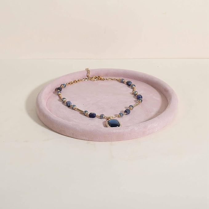 GemeShou Round Jewelry Organizer plate, Top Microfiber velvet Jewerly display tray, Empty Jewelry showcase tray for Necklace Bracelet Ring Earring display stand holder (Pink-Large, 9.8 x 9.8 in)