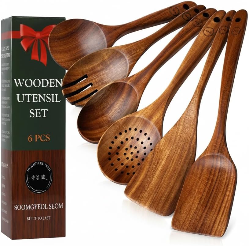 100% Natural Teak Wood Wooden Utensil Set – Non-Stick & Heat Resistant – 6 Pcs Durable Kitchen Spoons for Cooking, Eco-Friendly & Comfortable Grip
