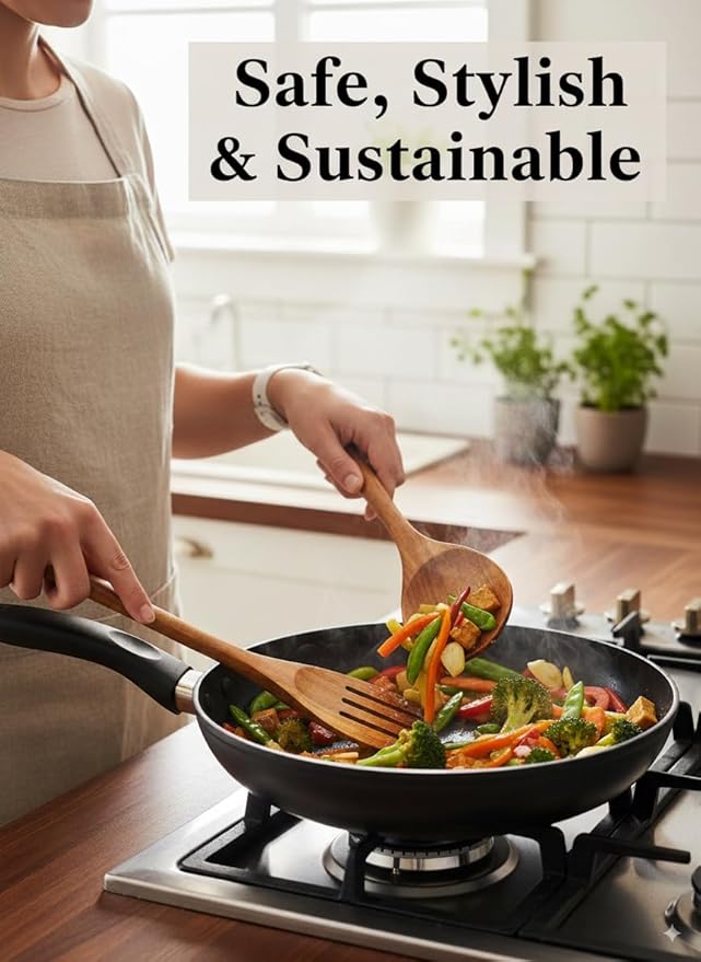 100% Natural Teak Wood Wooden Utensil Set – Non-Stick & Heat Resistant – 8 Pcs Durable Kitchen Spoons for Cooking, Eco-Friendly & Comfortable Grip