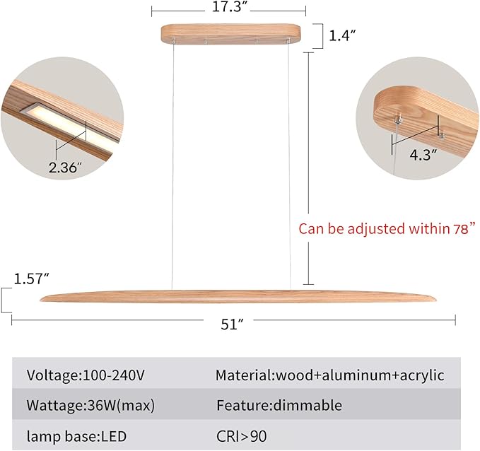 51" 36W Wood LED Linear Pendant Light Fixture Led Dining Room Light Dimmable Hanging Light Fixture for Dining Room Kitchen Island Pool Table Lights Natural Ash