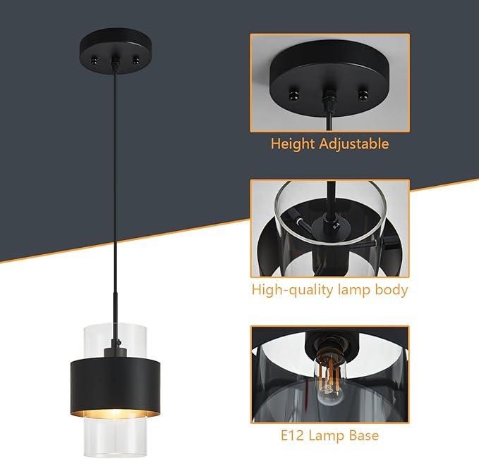 Modern Black Pendant Lighting Indoor Kitchen Island Pendant Light Glass Shade Ceiling Light Fixtures for Bedroom Dining Room Living Room(1-Pack)