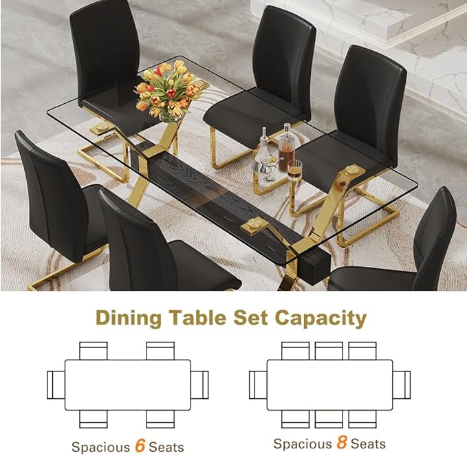 71'' Modern Dining Table Set for 6,7 Piece Glass Dining Table Set with Open‑Frame X‑Shaped Golden Metal Base,Gold Kitchen Table and Chairs Ideal for Dining Room&Home Office