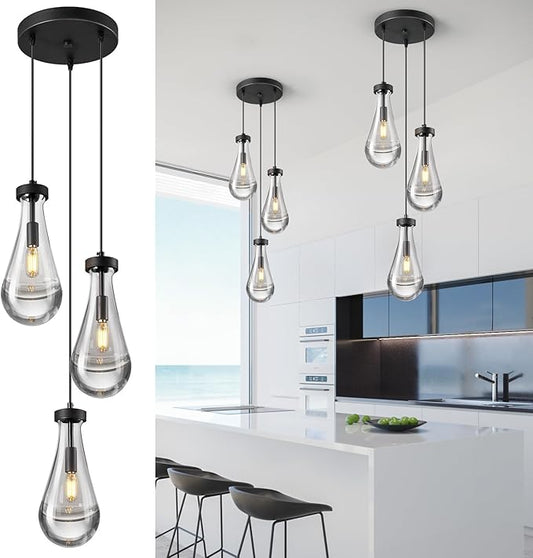 Raindrop Pendant Lights Kitchen Island Teardrop Black Hanging Light Fixtures Clear Solid Glass Pendant Light Modern Chandeliers for Dining Room Porch Corridor Living Room(3-Light)