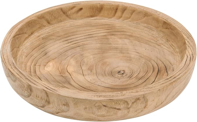 NIKKY HOME 12" Hand Carved Dough Bowls, Paulownia Wood Round Serving Bowl Decorative Wooden Tray, Natural