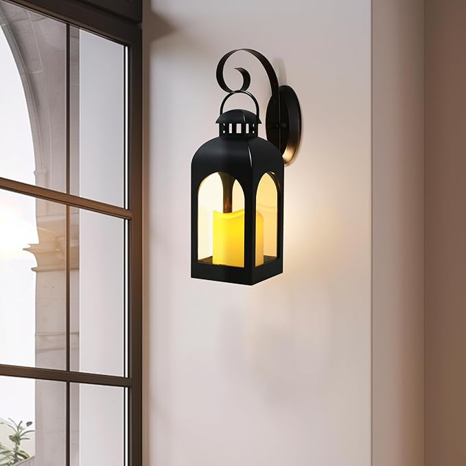 Decor Modern Farmhouse Lantern Decor Set of 4, Black Metal Small Candle Lanterns, Wooden Lanterns Decorative w/Timer & Remote-Controlled Flickering Candles for Home, Indoor, Table (Black)