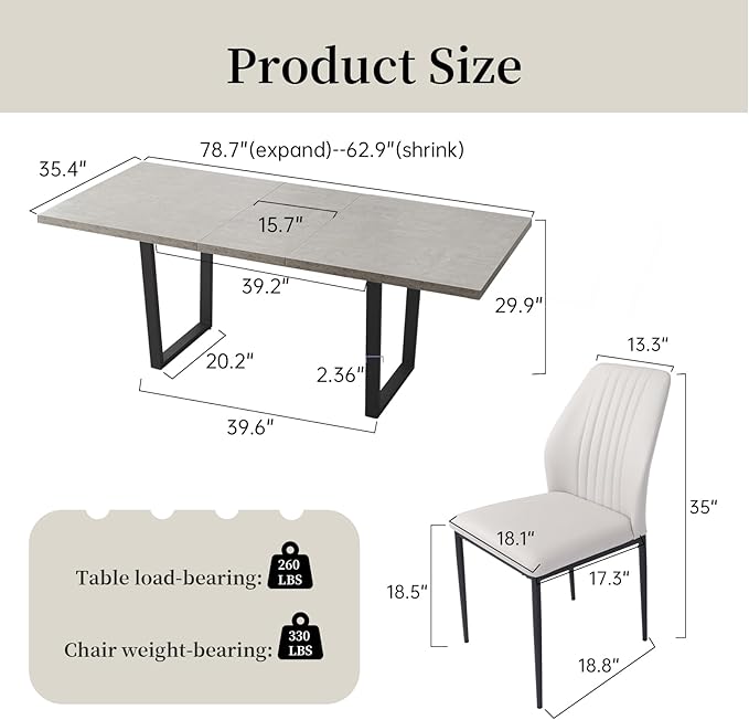 ZckyCine 79" Modern Dining Table Set for 6-8 People Kitchen Dining Room Table Set Extendable Wood Dining Table and 6 Upholstered Chairs, Home Kitchen Furniture