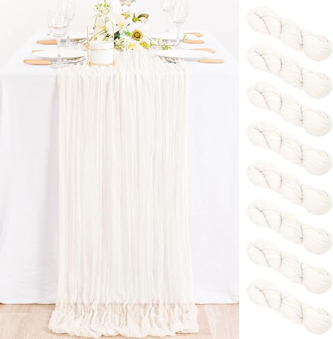 MLMC 8 Pack Ivory White Table Runner Rustic Gauze Cheesecloth Table Runner 10ft Cheese Cloth Cenerpiece 35x120 Inches for Fall Dessert Anniversary Wedding Bridal Baby Shower Decor