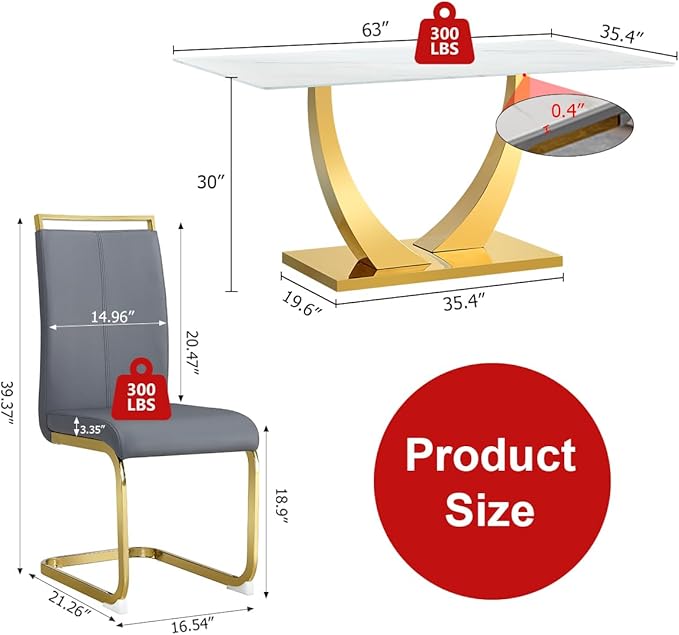 63” Dining Room Table Set for 4,Modern Gold Dining Table Set for 4, Rectangle Kitchen Table Set with Leather Chairs, White Faux Marble Dinner Table Set with Tempered Glass Top and Golden Base