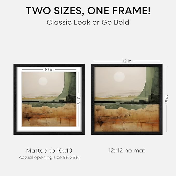 Homeforia 12x12 Black Wood Frame Matted to 10x10 Print, High End Oak 12 x 12 Square Picture Frame with Mat 10 x 10 for Photo, 12by12 Black Wooden Thin Poster Frames, Tempered Glass, Wall Kit, Set of 1