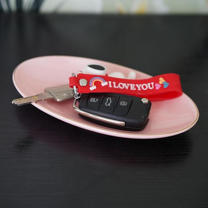 HANKOR Ceramic Key Bowl for Entryway Table, 7 x 4 Key Dish Tray Catch All Bowl, Small Decorative Bowl for Key Jewelry Ring, Pink