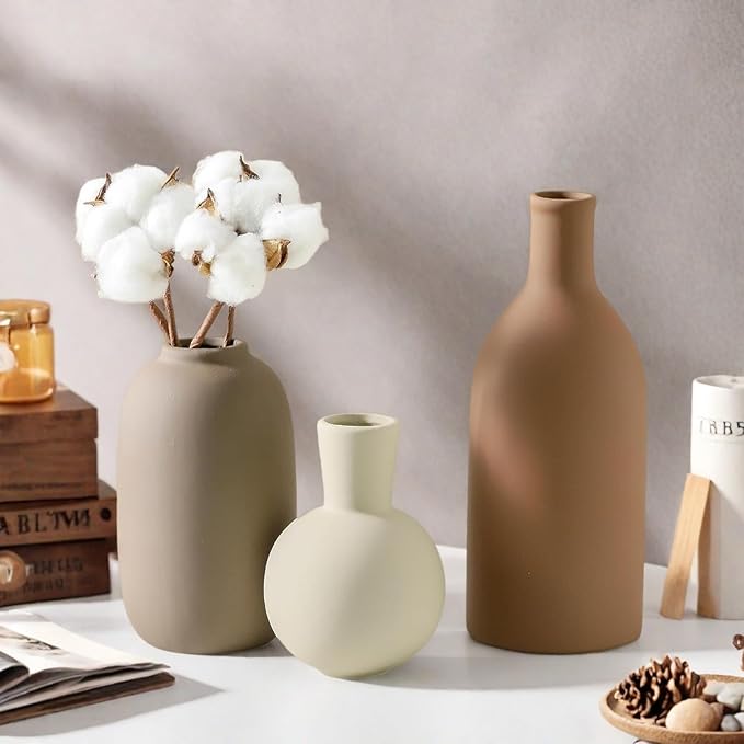 Ceramic Vase Set of 3, Vases Home Decor, Neutral Rustic Modern Farmhouse Decor, Pottery Vases for Pampas Grass Dried Fresh Flowers, Living Room Kitchen Bedroom Bathroom Entryway Mantel Shelf (Brown)