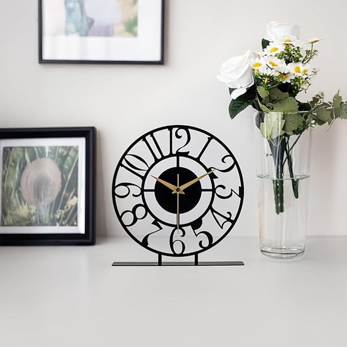 8.9x9.5 Metal Desk Clock, Black Round Silent Non-Ticking Analog Table Clock, Battery Operated, Decorative Desk and Shelf Clock, Desk Clocks for Living Room Bedroom Kitchen Office School