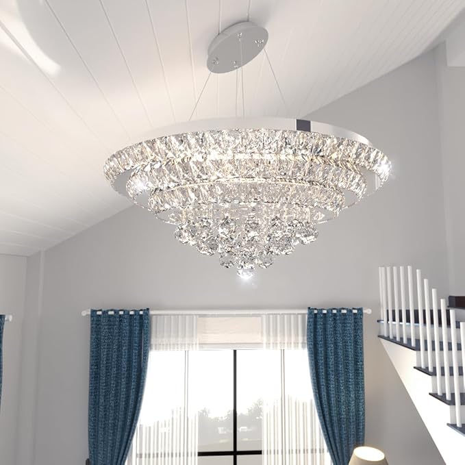Modern Chandelier Glam Ceiling Light with Bulbs Living Room LED Dimmable Chandelier for Dining Room Bedroom Ceiling Lighting Fixture 32 Inches Silver Light