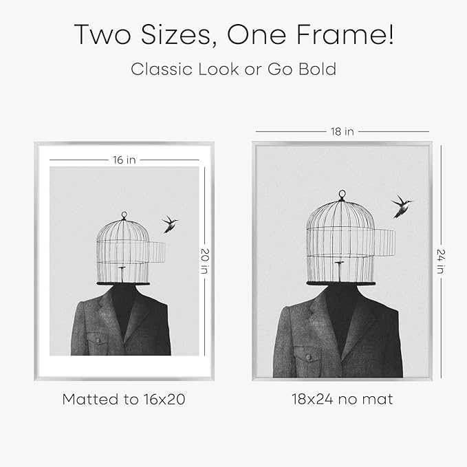 Homeforia 18x24 Poster Frame Silver, High End Metal 18 x 24 Picture Frames with Mat 16 x 20 for Photo, 18x24 Silver Frame Matted to 16x20 Print, 24x18 Hanging Frame, Tempered Glass, Wall Kit, Set of 2