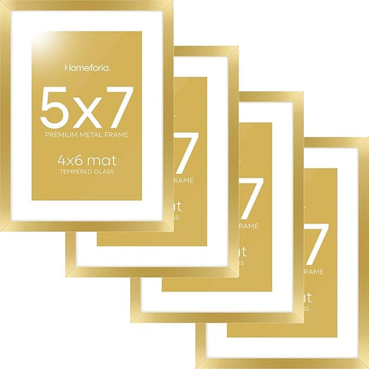 Homeforia 5x7 Picture Frame Gold, High End Metal 5 x 7 Gold Frames with Mat 4 x 6 for Print, 5by7 Desk Frame Matted to 4x6 inch Photo, 5 by 7 Wall or Tabletop Frame, Tempered Glass, Wall Kit, Set of 4