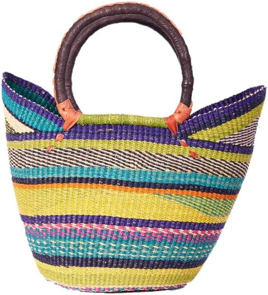 AYÉYA Handwoven African Basket – Winged Style – Wide Open Wicker Tote with Leather Handles – Unique Market or Foraging Basket – Handmade in Ghana