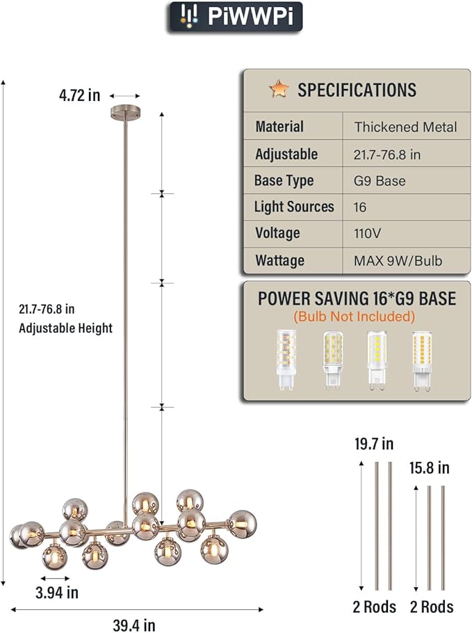 Glass Globe Sputnik Chandelier, 16-Light Mid Century Modern Light Fixture Over Table, Linear Chandeliers for Dining Room, Kitchen Island, Nickel and Smoke Grey Bubble, 40 Inch, GC-02