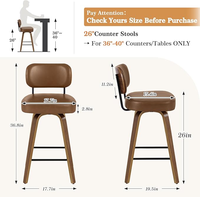 Swivel Counter Height Bar Stools Set of 4, 26" Upholstered Faux Leather Barstools with Back and Bent Wood Legs, Mid Century Modern Bar Chair Island Stool for Kitchen Counter, Brown
