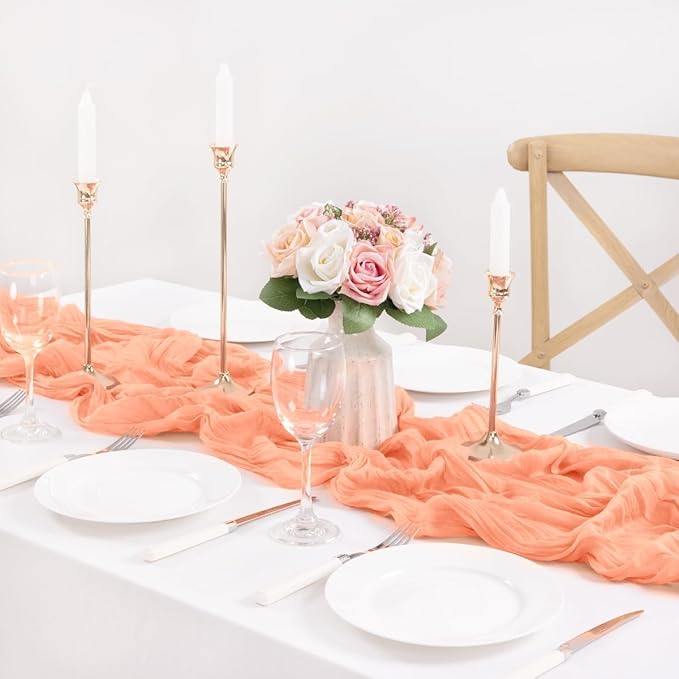 MLMC Peach Pink Cheesecloth Table Runner 10ft Rustic Fall Gauze Coral Cheese Cloth Table Runner 35x120 Inches for Wedding Bridal Baby Shower Thanksgiving Party Decor