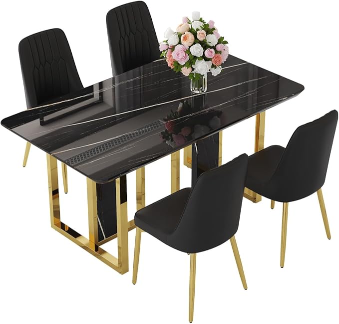TesNus 63" Black Dining Table Set for 4 with Chairs,Modern Faux Marble Rectangular Kitchen Table and Chairs Set Luxury 5 Piece Dining Room Set with Gold Metal Legs,Easy Assemble,Stable Base