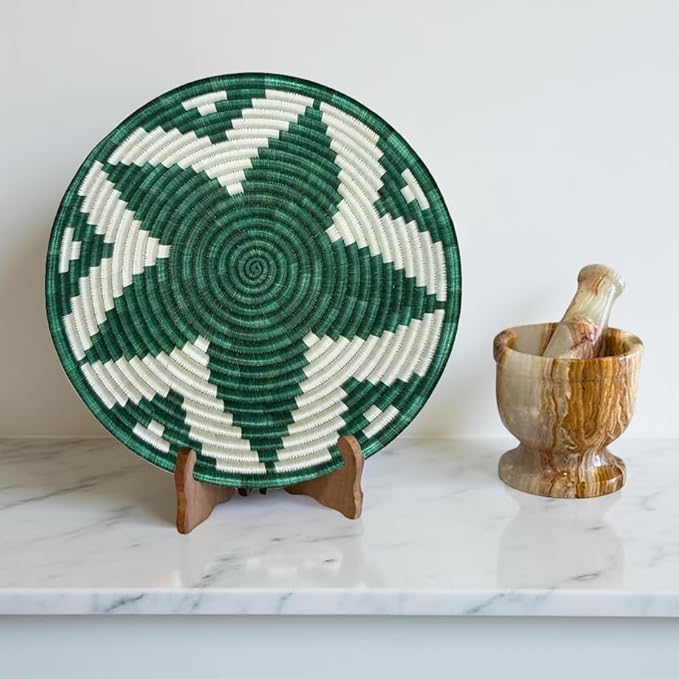 Handwoven African Basket Handmade sisal Fruit Bowl Wall Hanging decorative Baskets for Home Living Room Kitchen Centerpiece Zen Designs Arts and Crafts (Dark Green White, 12in diameter)