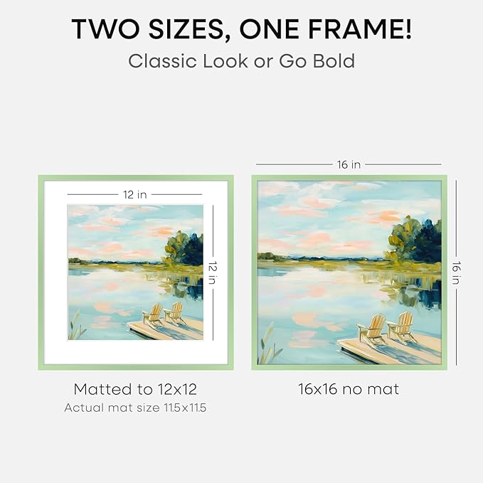 Homeforia 16x16 Picture Frame Sage Green, High End Metal 16 x 16 Square Poster Frames with Mat 12 x 12 Photo, 16x16 Frame Matted to 12x12 Art, 16by16 Hanging Frames, Tempered Glass, Wall Kit, Set of 1