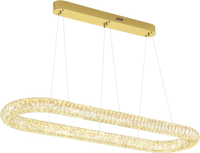 Oval Crystal Chandelier, 47.2'' Gold Crystal Ring Pendant Light for Kitchen Island Modern Linear Oval Chandeliers for Dining Room Dimmable 3000K-6000K