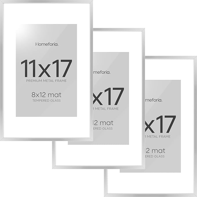 Homeforia 11 x 17 Frame Silver, High End Metal 11x17 Picture Frames with Mat 8x12 for Photo, 11 x 17 Silver Poster Frame Matted to 8 x 12 Print, 17x11 Hanging Frame, Tempered Glass, Wall Kit, Set of 3