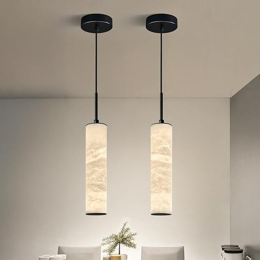 LMQNINE Natural Alabaster Pendant Lights for Kitchen Island White Marble Long Tube Chandelier Black Modern Ceiling Light Fixtures for Living Room Bedroom Dining Room Table Hallway(S-2Pack)