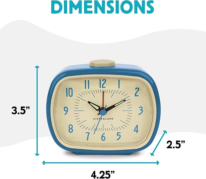 Kikkerland Retro Alarm Clock – Vintage Decor for Bedroom, Nightstand, Living Room, or Office – Battery Operated, Glow in The Dark, Decorative Analog Clock, Blue