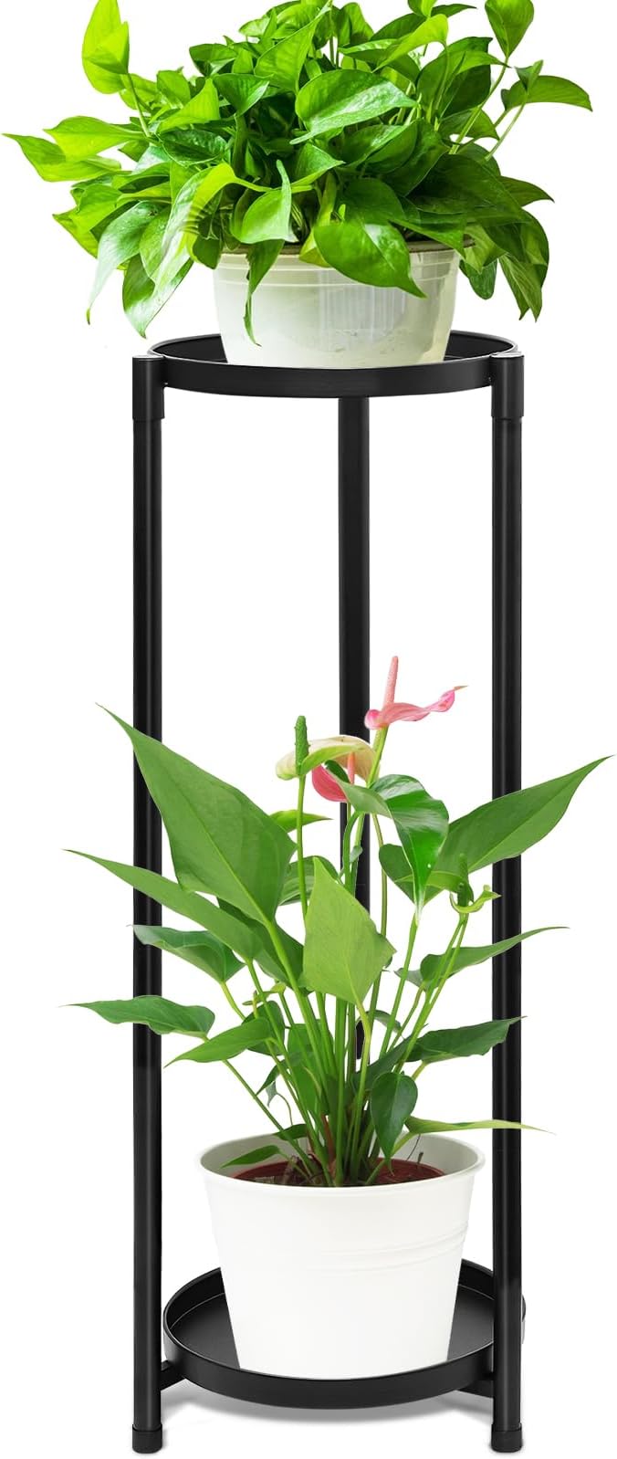2 Tier Round Tall Metal Plant Stand indoor outdoor, Rustproof Round Planter Display Storage Rack, Heavy Duty Potted Holder for Home Garden Patio Bathroom Living Room(Black)