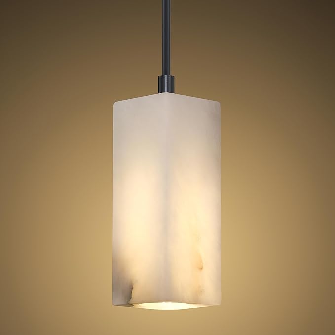 1 Light Modern Industrial Farmhouse Hanging Kitchen Island Pendant Ceiling Light Fixture,Square Cylinder Natural Alabaster Marble Black Finish Over Sink Restaurant bar Corridor