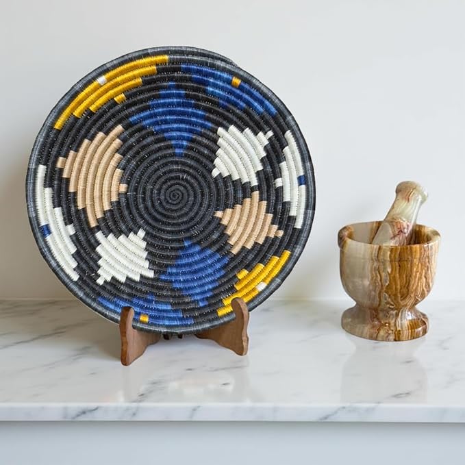 Handwoven African Basket Handmade sisal Fruit Bowl Wall Hanging decorative Baskets for Home Living Room Kitchen Centerpiece Zen Designs Arts and Crafts (Charcoal Grey Blue Tan, 10in diameter)