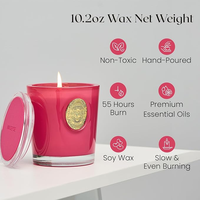 M&SENSE Natural Soy Candle| Rose Lychee &Pink | 10.2 oz, 55H Burn | Luxury Scented Candle for Relaxation, Gifting, Home Décor | for Bedroom, Office, Party