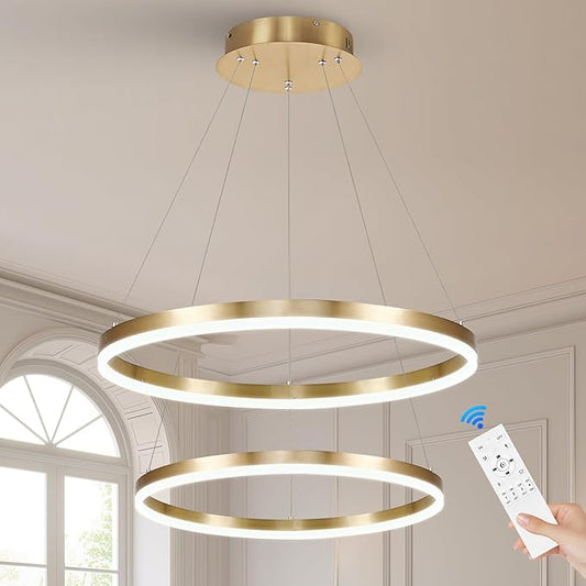 2-Rings Modern LED Chandelier Gold for Dining Room, Circular Flush Mount Ceiling Chandelier Light Dimmable Pendant Light with Remote Control for Living Room Entrance Foyer, 3000K-6500K